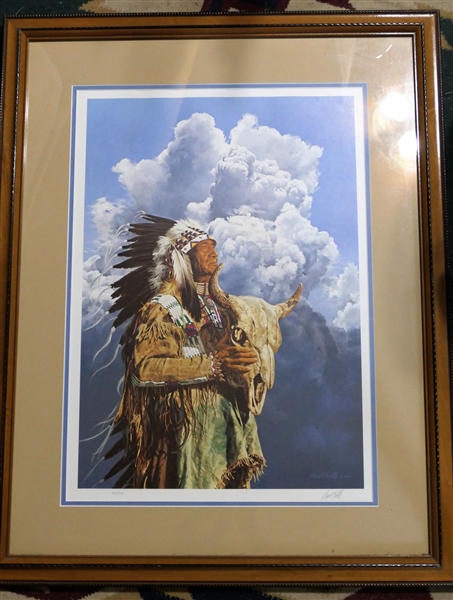 Paul Calle Artist Signed and Numbered 566/950 Indian Chief Print - Frame and Matted - Mat Has Impressed Cow Skulls on Corners - Frame Measures 31" by 24"