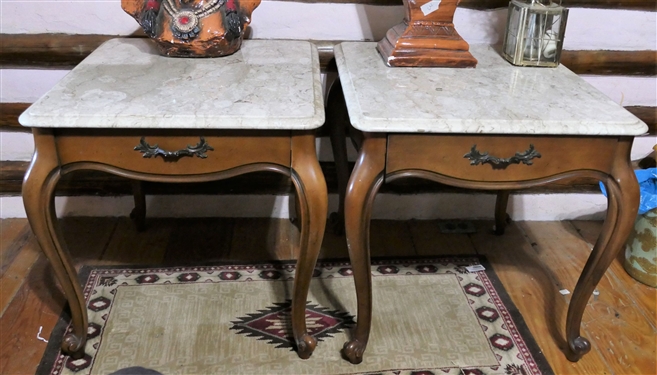 Pair of Lane Furniture French Provincial Style End Tables with Faux Marble Tops - 1 Drawer - Each Table Measures 22 tall 27 by 22