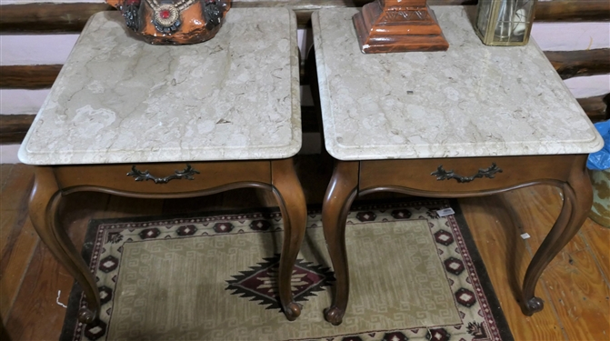 Pair of Lane Furniture French Provincial Style End Tables with Faux Marble Tops - 1 Drawer - Each Table Measures 22 tall 27 by 22
