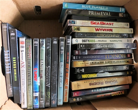 Lot of 80 Plus DVD Movies including Kong Shell Island, Vlad the Impeller, Mermaid Down, Game of Thrones Seasons 6 & 7, Dirty Jobs, and More