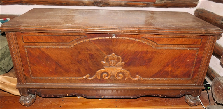 Lane Cedar Chest on Feet - Original Paper Labels on Top, Some Veneer Loss - Measures 23 Tall 47 by 18