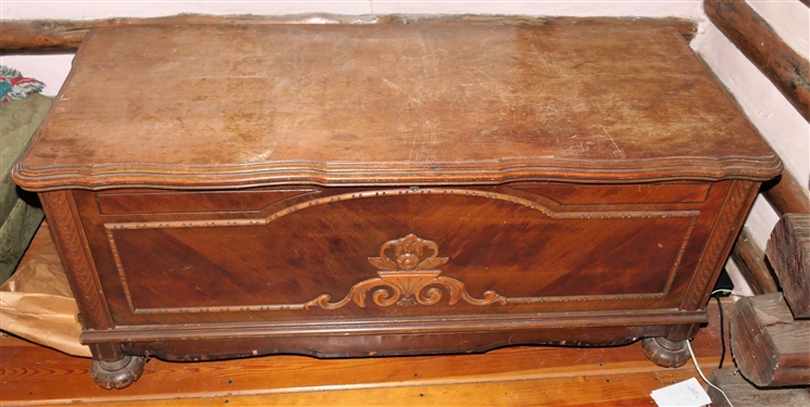 Lane Cedar Chest on Feet - Original Paper Labels on Top, Some Veneer Loss - Measures 23 Tall 47 by 18
