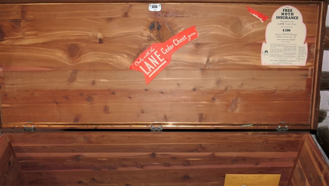 Lane Cedar Chest on Feet - Original Paper Labels on Top, Some Veneer Loss - Measures 23 Tall 47 by 18