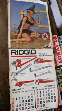 1967 - 1968 Rigid Calendar and Collection of Playboy Magazines - Calendar has Tear on Back Page