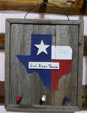 God Bless Texas Reclaimed Wood Plaque with Hooks - Measures 13 by 12