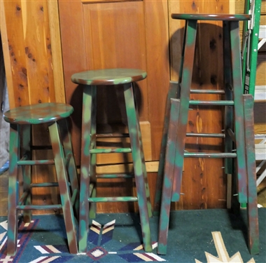 3 Camo Painted Wood Stools - Measuring 40 30 and 24