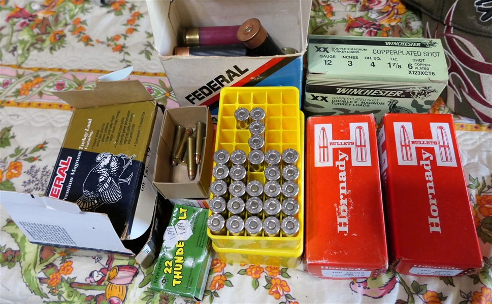 Lot of Ammo including 12 Gauge Shot Gun Shells, 357 Mag Bullets, Turkey Load, and Hornady Lead Balls