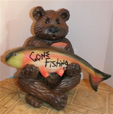 Bear Statue with Welcome / Gone Fishing Reversible Fish - Measures 17 Tall 