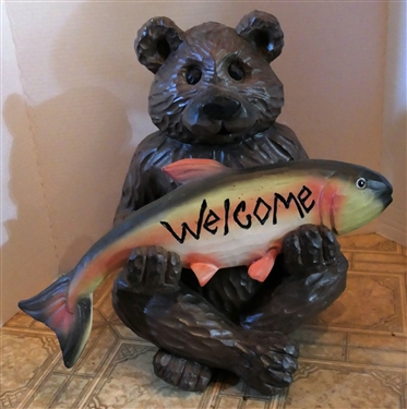 Bear Statue with Welcome / Gone Fishing Reversible Fish - Measures 17 Tall 
