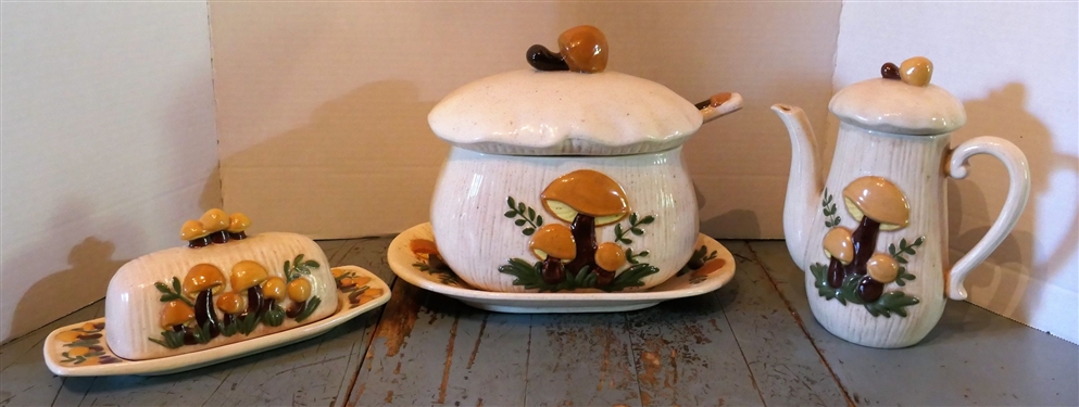3 Pieces of Mushroom Kitchenware including Tureen with Under plate and Ladle, Coffee Pot, and Butter Dish - Pot Measures 8 1/2 Tall, Tureen 8 