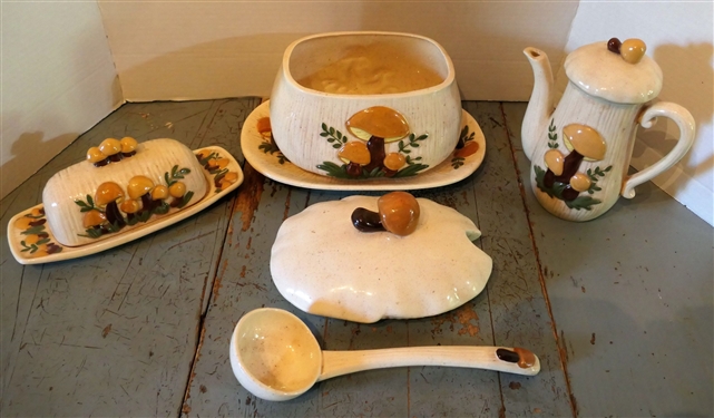 3 Pieces of Mushroom Kitchenware including Tureen with Under plate and Ladle, Coffee Pot, and Butter Dish - Pot Measures 8 1/2 Tall, Tureen 8 