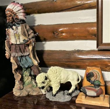 Resin 24 Indian Statue, Resin White Buffalo Statue, Turkey Wood Stand, and Duck