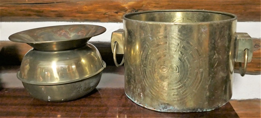 Brass Spittoon and Brass Planter with Embossed Sun Burst - Ring Handles - Measures 7 Tall 10 Across
