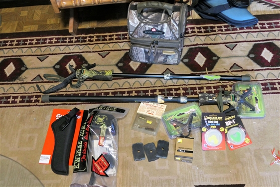 Kuskee Bow Quiver in Original Package, Gun Rest Sticks, Quaker Boy Calls, Nikon Tripod Adapter, Etc. 