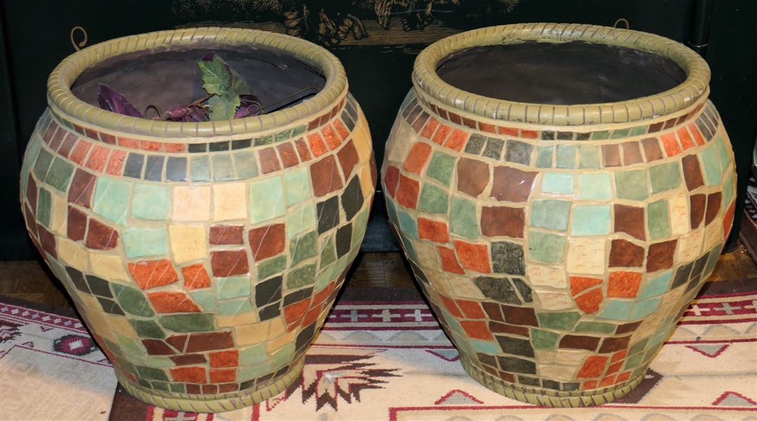 2 New Plastic Mosaic Planters with Tags - Each Measures 15" tall 12 3/4" Across