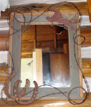 Western Themed Mirror with Reclaimed Wood Frame, Barb Wire, and Horse Shoes - Frame Measures 21 by 17