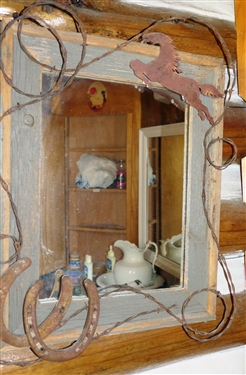 Western Themed Mirror with Reclaimed Wood Frame, Barb Wire, and Horse Shoes - Frame Measures 21 by 17