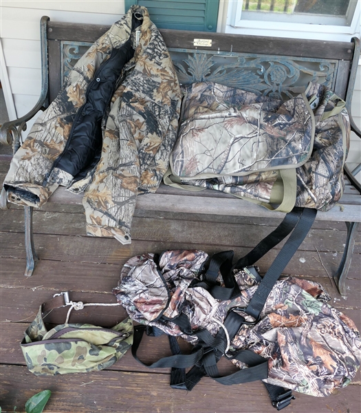 Field Line Duffel Bag, Camo Hunting Coat (Size XL), Harness, and Camo Cover