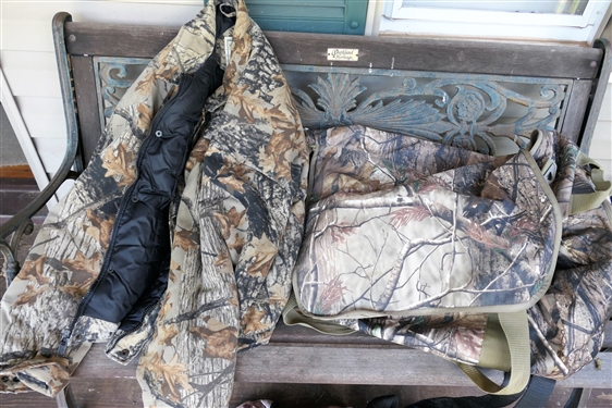 Field Line Duffel Bag, Camo Hunting Coat (Size XL), Harness, and Camo Cover
