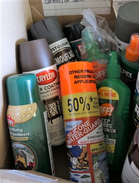 Box Lot of Paint, Insect Repellant, and Cleaning Products