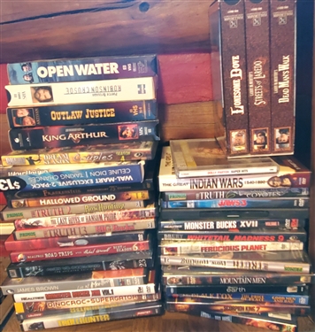 Lot of DVD and VHS Movies including Open Water, Indian Wars, Monster Buck