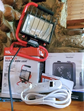 Work Light, Fan Forced Heater, and Power Strip