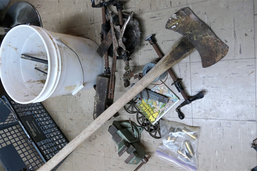 Lot of Tools including Double Headed Axe, Vise, Iron Pan, Small Bar Clamps, Modern Trapper Book, Etc. 