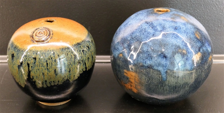 2 Pottery Vases - Blue Ball Vase Signed AP - 6" Tall and Other with Original Label on Bottom