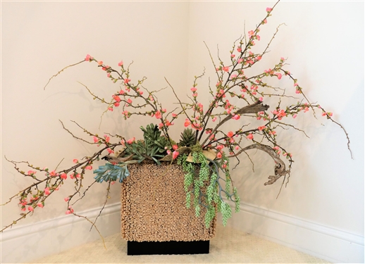 Asian Inspired Floral Arrangement in Unusual Straw Vase - Measures 17" tall 16" by 6" Not including Flowers