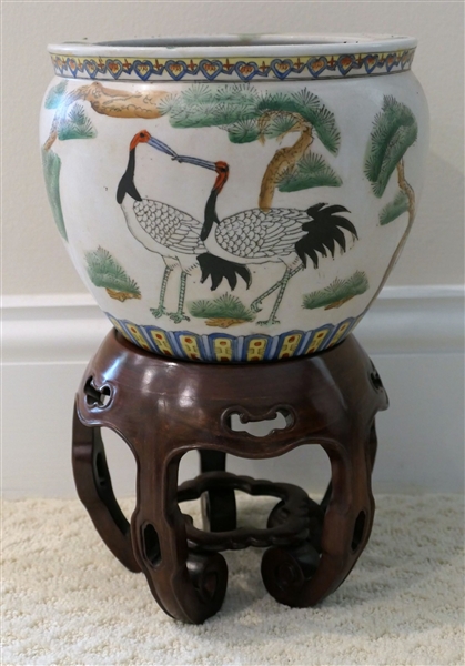 Lucky Dragon Pottery Planter with Wood Stand - Planter Measures 7" tall 8 1/4" Across - Stand Measures 7"