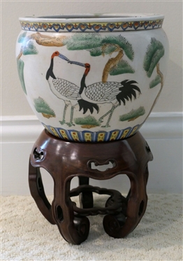 Lucky Dragon Pottery Planter with Wood Stand - Planter Measures 7 tall 8 1/4 Across - Stand Measures 7