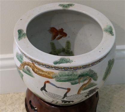 Lucky Dragon Pottery Planter with Wood Stand - Planter Measures 7 tall 8 1/4 Across - Stand Measures 7
