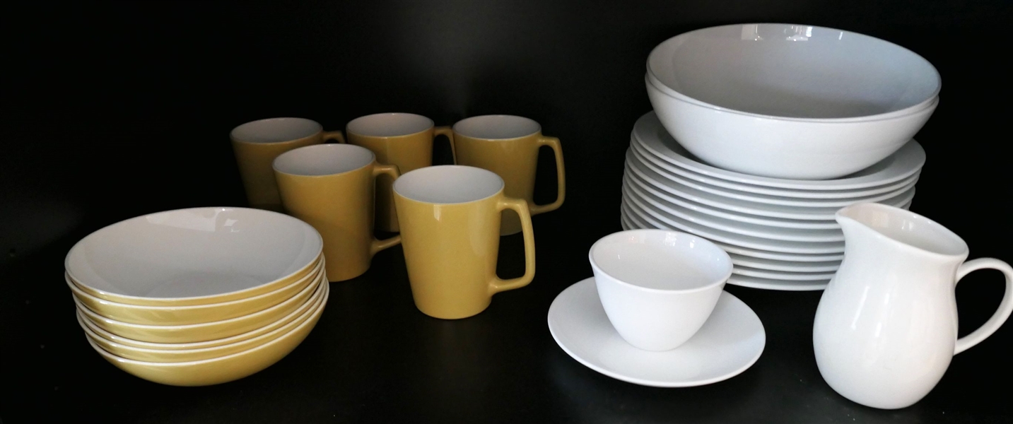 27 Pieces of Centura By Corning China including 5 Mustard Mugs, 6 Mustard Bowls, 11 Rimmed Soups, and 2 Serving Bowls