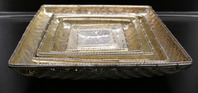 Graduating Set of Square Woven Silver Baskets - Largest Measures 9 by 9