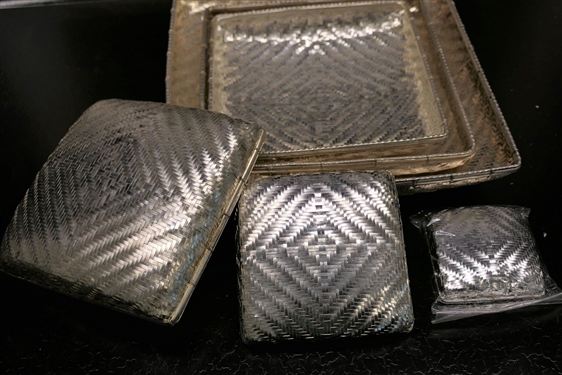 Graduating Set of Square Woven Silver Baskets - Largest Measures 9 by 9