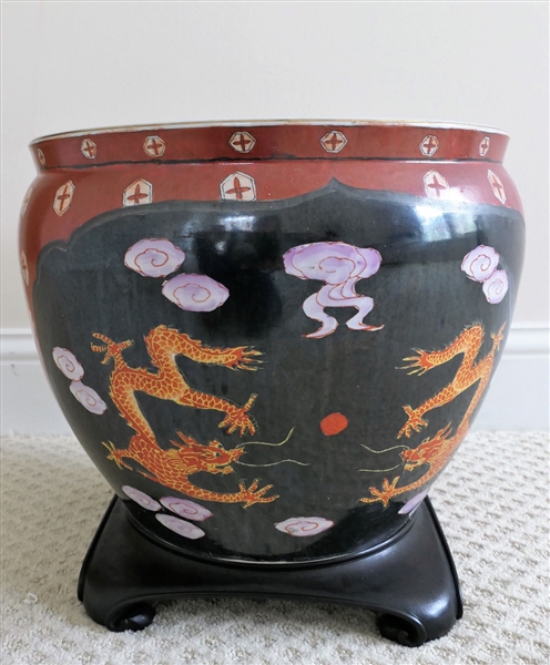 Large Asian Planter with Dragons - On Wood Base - Planter Measures 16" Tall 16" Across Including Base