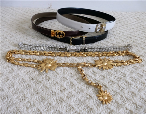 Lot of Belts including 2 Gucci, Rhinestones, Flower Chain, and Other Reversible Leather Belt