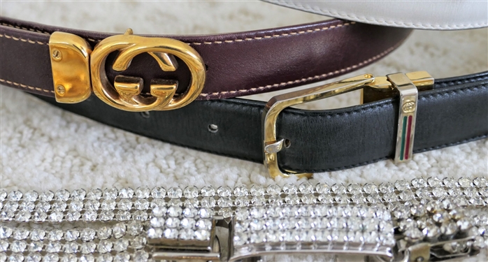 Lot of Belts including 2 Gucci, Rhinestones, Flower Chain, and Other Reversible Leather Belt