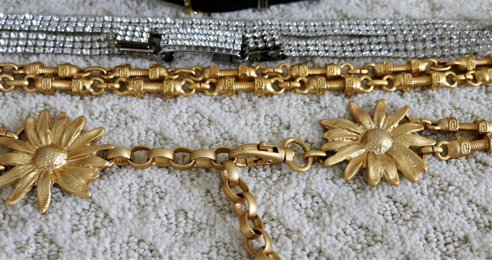 Lot of Belts including 2 Gucci, Rhinestones, Flower Chain, and Other Reversible Leather Belt