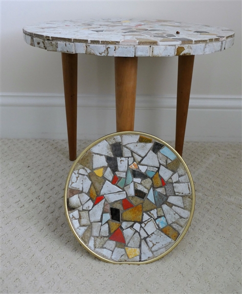 Round Mosaic Top Table with Wood Legs and Matching Mosaic Dish - Table Measures 15" tall 18 1/2" Across - Dish Measures 10" Across - Dented on One Side 