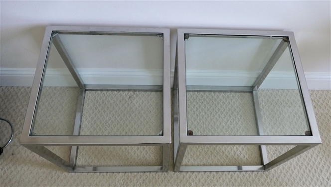 Pair of Chrome and Glass End Tables -Each Measures 18 Tall 18 by 18