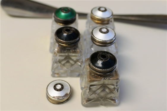 5 Norway Sterling Enamel Topped Shakers, 1 Extra Top, and Sterling Handled Shoe Horn 