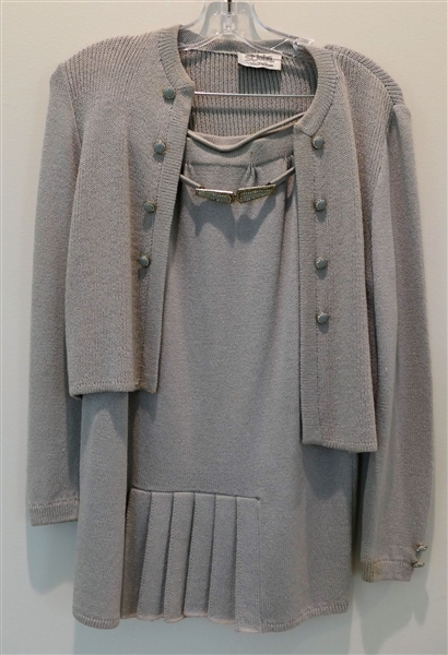 St. John for Saks Fifth Ave. Gray Jacket and Skirt Set- Approx. Size Small - Belt is missing rhinestone