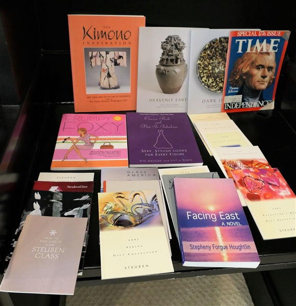 Lot of Paperbound Books and Booklets including "The Kimono Inspiration" "Curves Rule and Flat is Fabulous" "Frumpy to Foxy in 15 Minutes Flat" "Heavenly Earth" "Dark Jewels" and Steuben Gift Guides