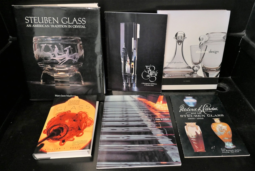 Lot of Books on Glass including "Glass" "Steuben Design" "This Is Glass" and  "Steuben Glass and American Tradition in Crystal" 