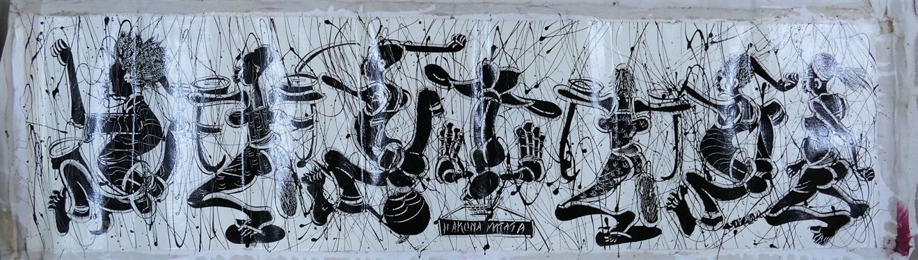 Hakuna Matata Original African Oil on Canvas Painting - Artist Signed - Art Measures 13 1/2 by 49 (Not Including Border)
