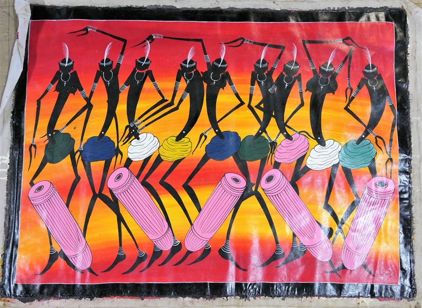 West Artist Signed African Painting on Fabric of Musicians - Art Measures 31" by 23"