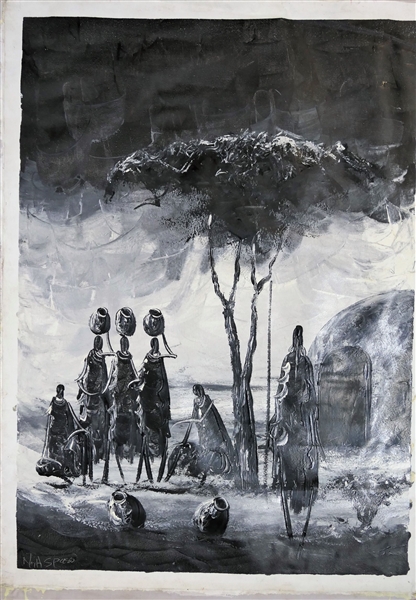 N.H. Spaso - Artist Signed African Painting on Fabric of Village Scene - Black and White with Tree - Art Measures 31" by 23"