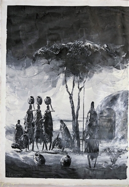 N.H. Spaso - Artist Signed African Painting on Fabric of Village Scene - Black and White with Tree - Art Measures 31 by 23