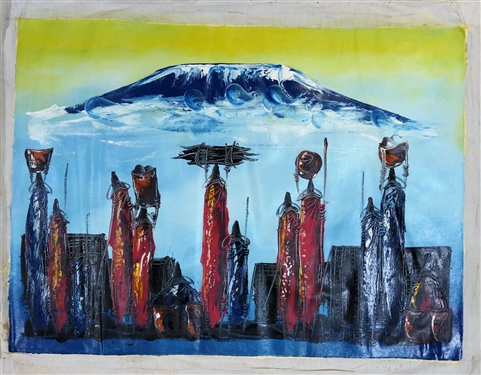 Artist Signed P. Dound African Painting on Linen of Mountain and Figures - Art Measures  22 1/2 by 31 